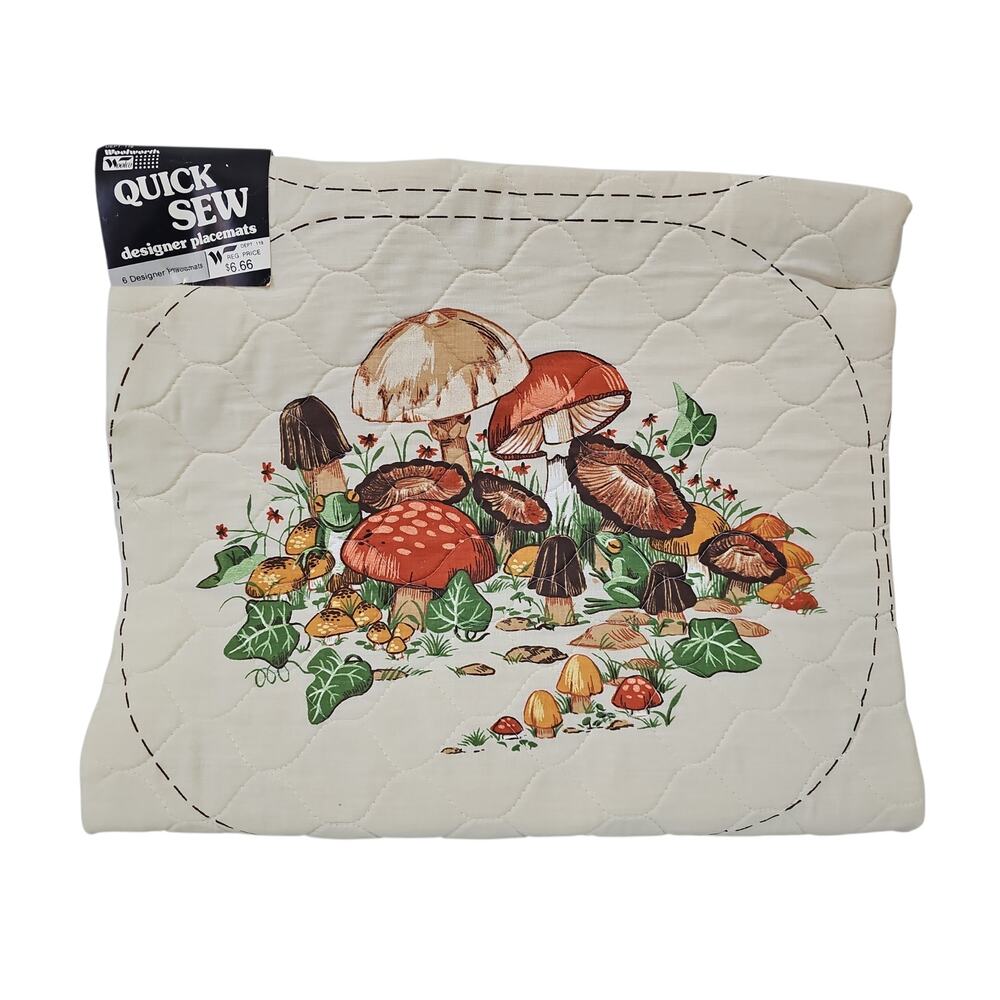 Vintage Woolworth Six Quick Sew Quilted Placemats Mushroom Decor 70s Retro